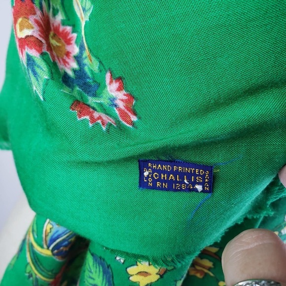 Vintage Challis Square Scarf Green Pink Floral - Picture 8 of 8